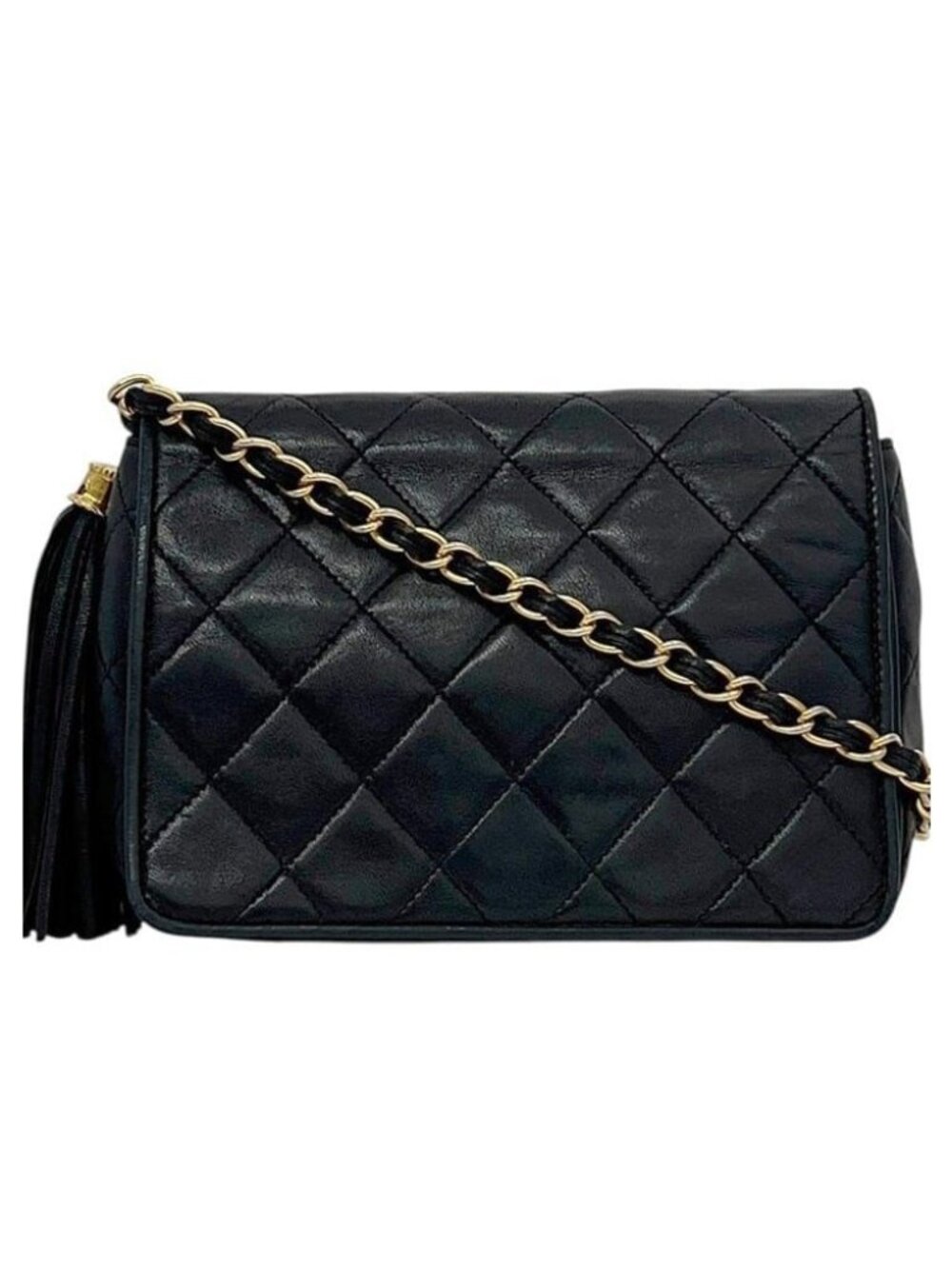 Chanel Chain Shoulder Bag Quilted Full Flap Tassel Leather Lambskin Black